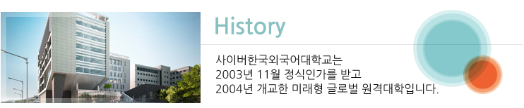 history - 사이버한국외국어 대학교는 2003년 11월 정식인가를 받고 2004년 개교한 미래형 글로벌 원격대학 입니다.
